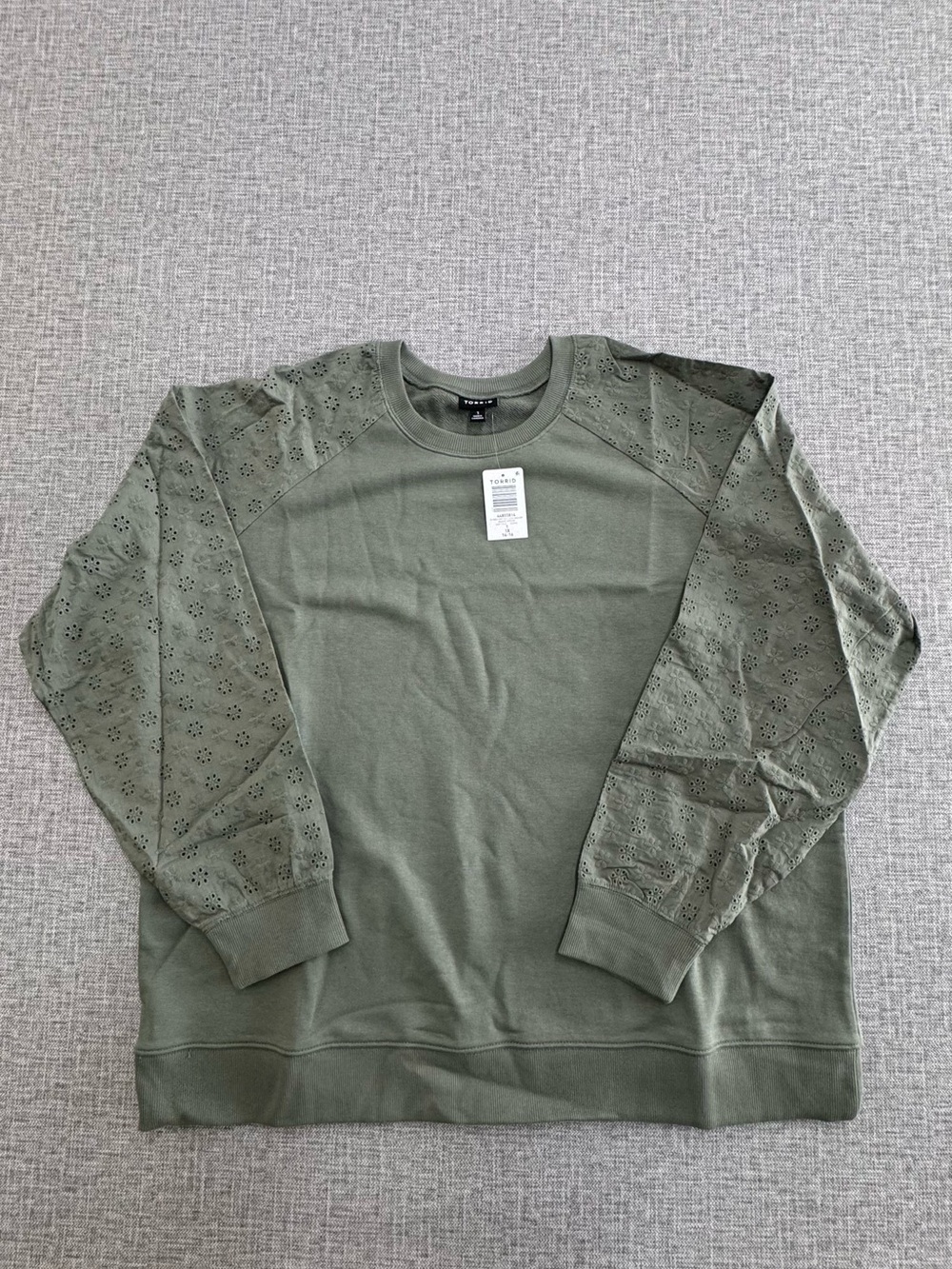 torrid Olive Green Crewneck Sweater with Eyelet Sleeves